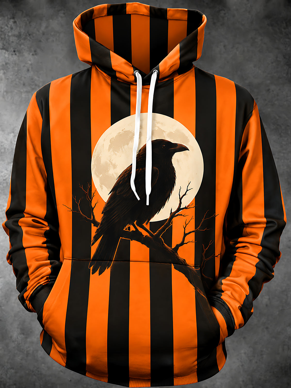 Oceanlyte Men's Halloween Crow On Branch With Full Moon Print Long Sleeve Hoodie