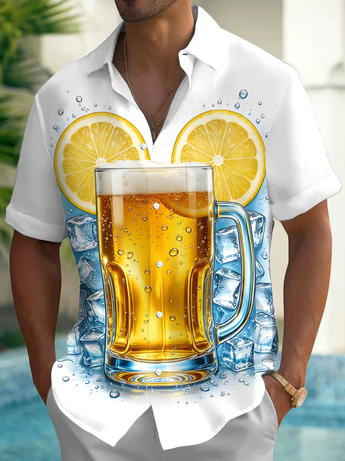 Oceanlyte Men's Short Sleeve Shirt - Beer Mug With Lemon Slices And Ice Cubes Print with Chest Pocket