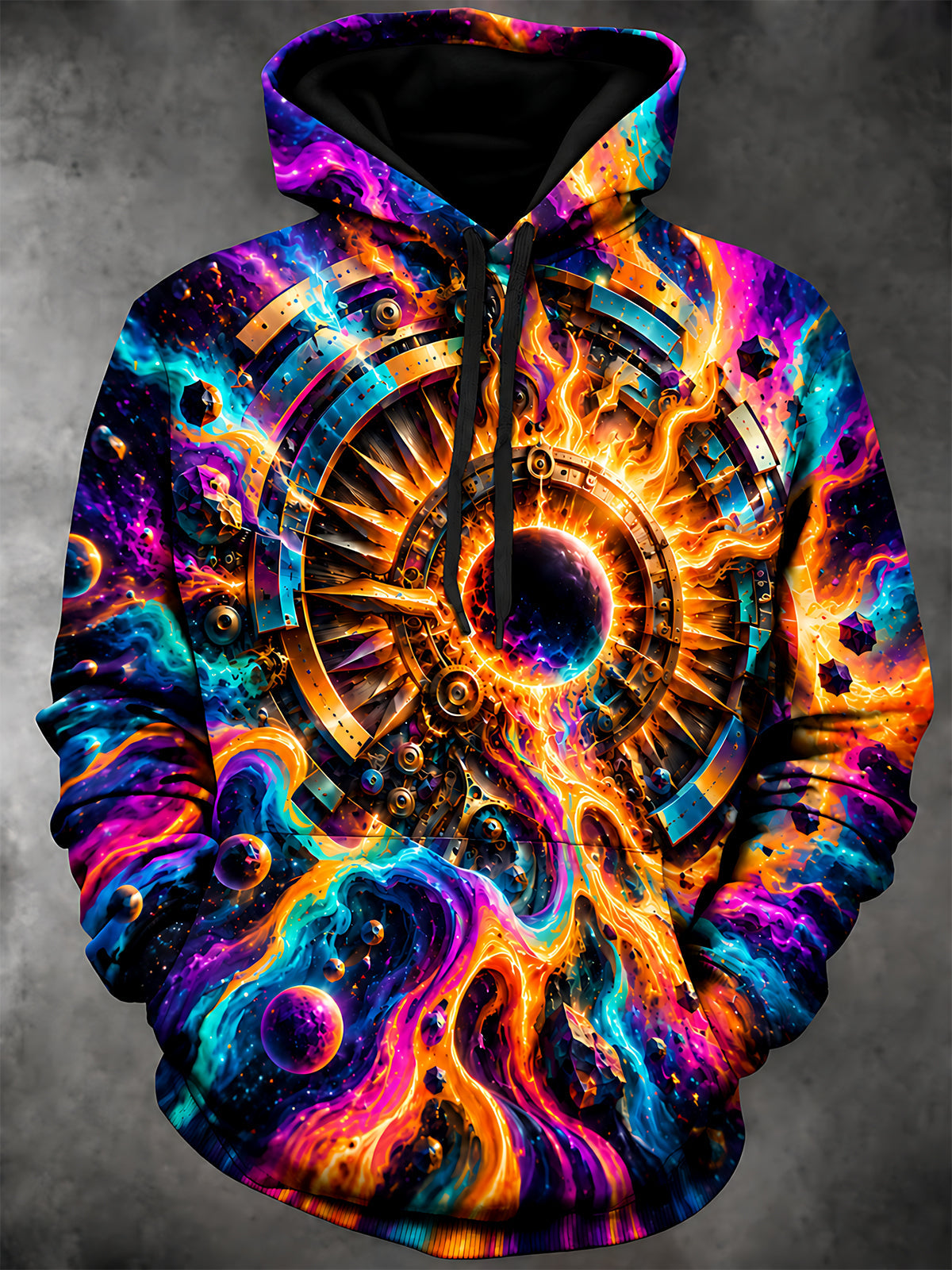 Oceanlyte Men's 3D Cosmic Mechanical Sun And Planets Print Long Sleeve Hoodie