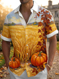 Oceanlyte Men's Short Sleeve Shirt - Halloween Autumn Wheat Field And Pumpkins Print with Chest Pocket