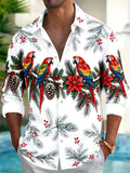 Oceanlyte Men's Christmas Parrots And Pine Cones Print Long Sleeve Shirt with Chest Pocket