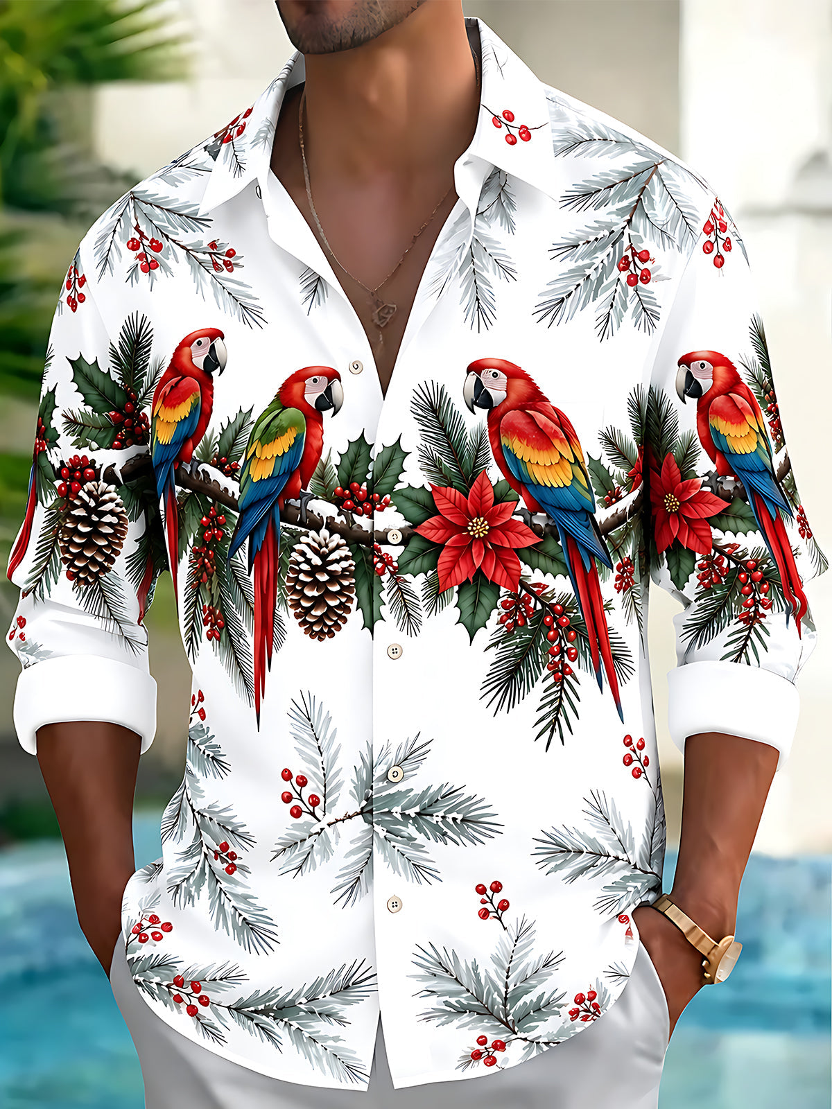 Oceanlyte Men's Christmas Parrots And Pine Cones Print Long Sleeve Shirt with Chest Pocket