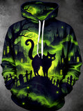 Oceanlyte Men's Long Sleeve Hoodie - Halloween Black Cat In Graveyard With Haunted Castle Print