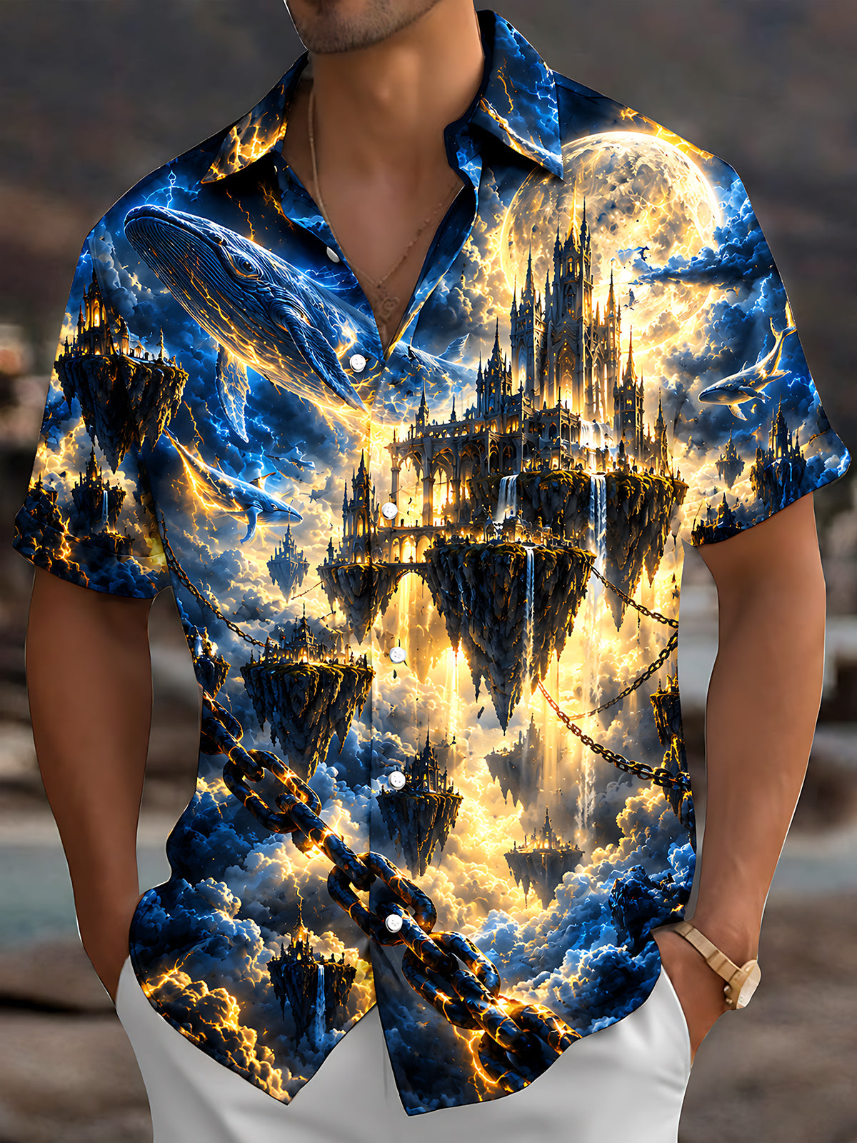 Oceanlyte Men's Short Sleeve Shirt - Fantasy Floating Castles And Giant Whales Print with Chest Pocket