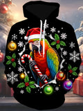 Oceanlyte Men's Long Sleeve Hoodie - Christmas Parrot With Santa Hat And Candy Cane Print