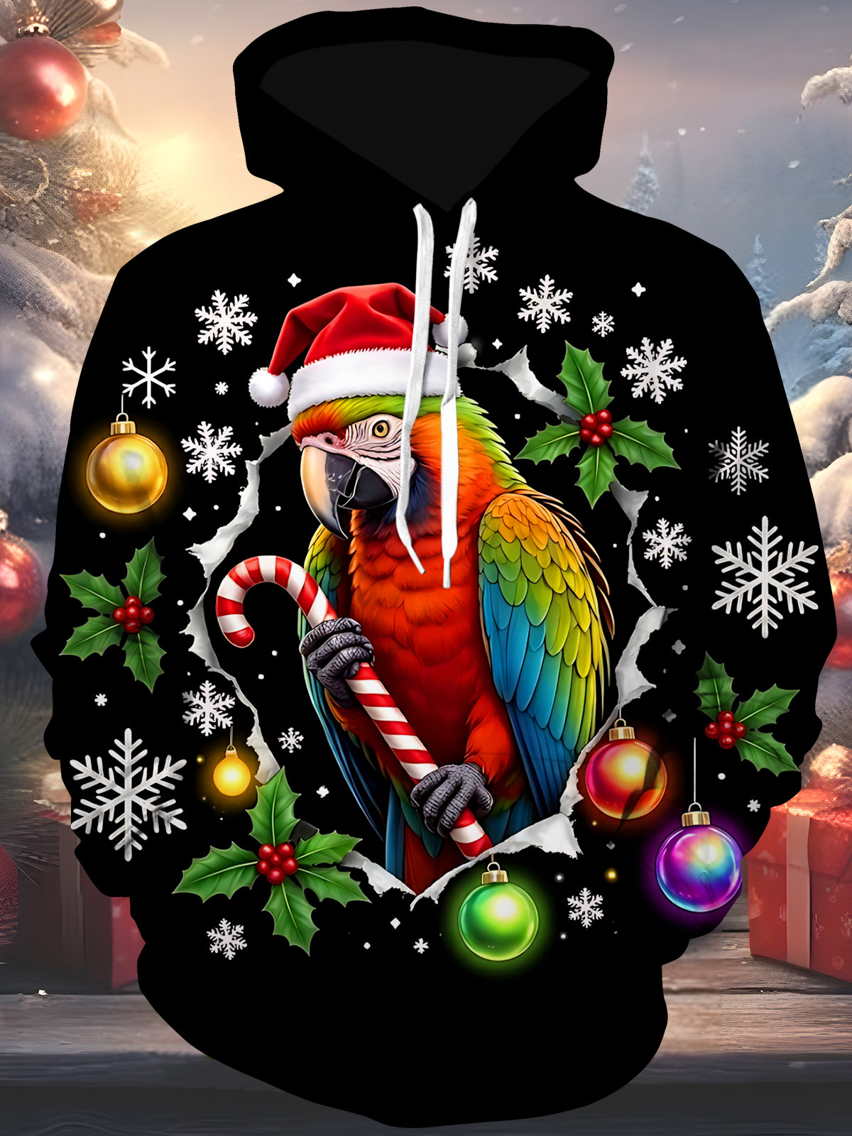 Oceanlyte Men's Long Sleeve Hoodie - Christmas Parrot With Santa Hat And Candy Cane Print