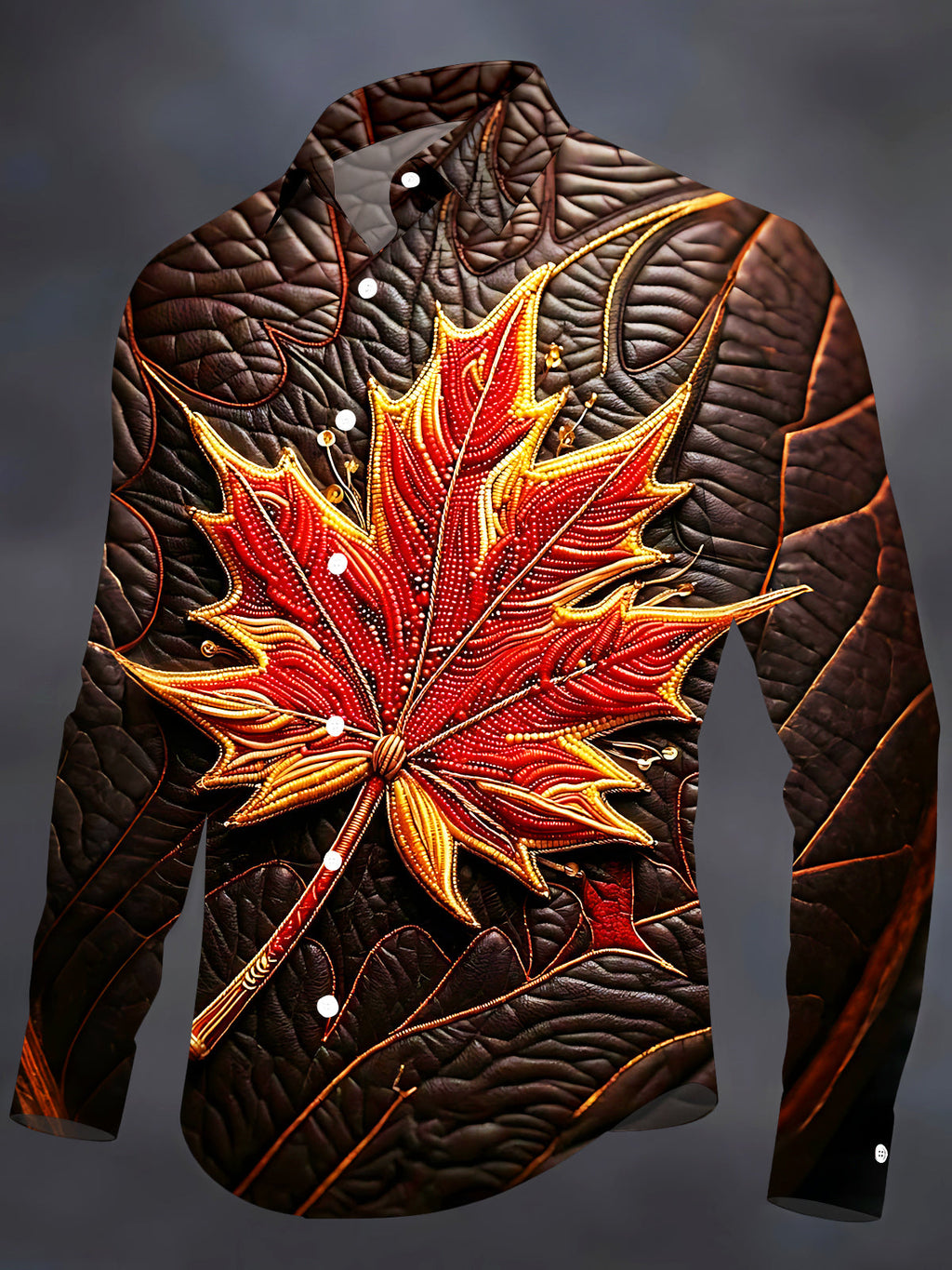 Oceanlyte Men's Graphic Beaded Flaming Red Maple Leaf Print Long Sleeve Shirt with Chest Pocket