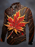 Oceanlyte Men's Graphic Beaded Flaming Red Maple Leaf Print Long Sleeve Shirt with Chest Pocket