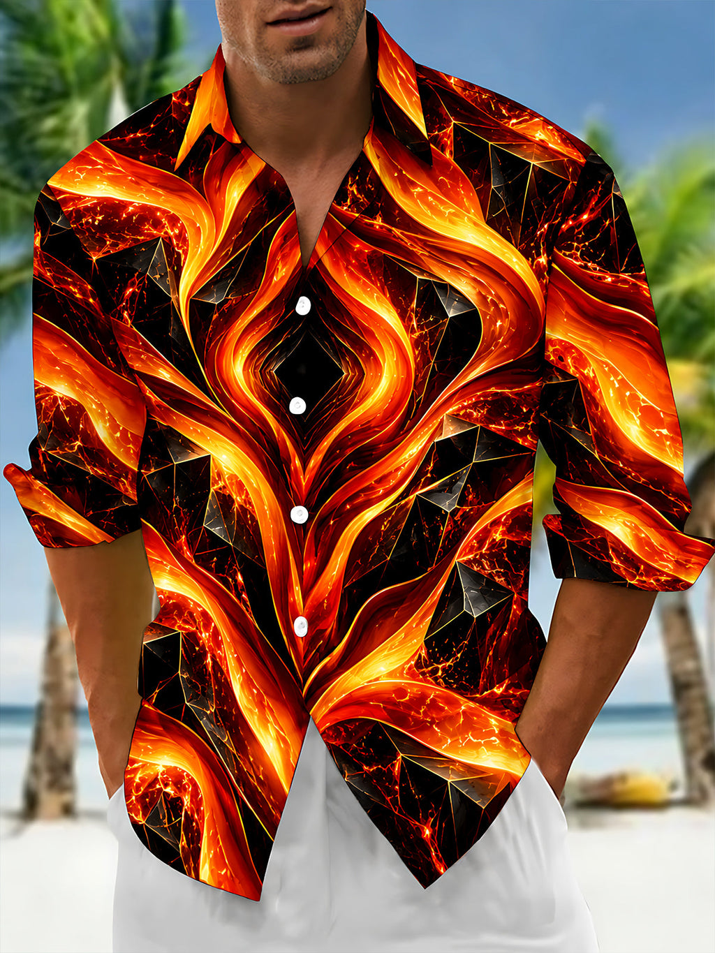 Oceanlyte Men's Printed Abstract Geometric Lava Flow Print Long Sleeve Shirt with Chest Pocket