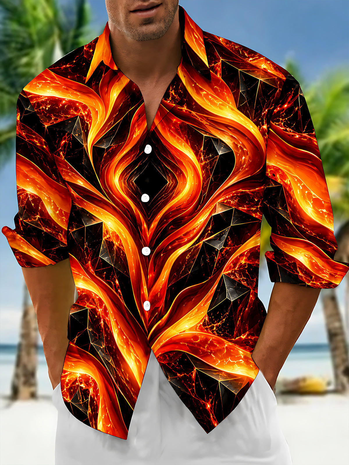 Oceanlyte Men's Printed Abstract Geometric Lava Flow Print Long Sleeve Shirt with Chest Pocket