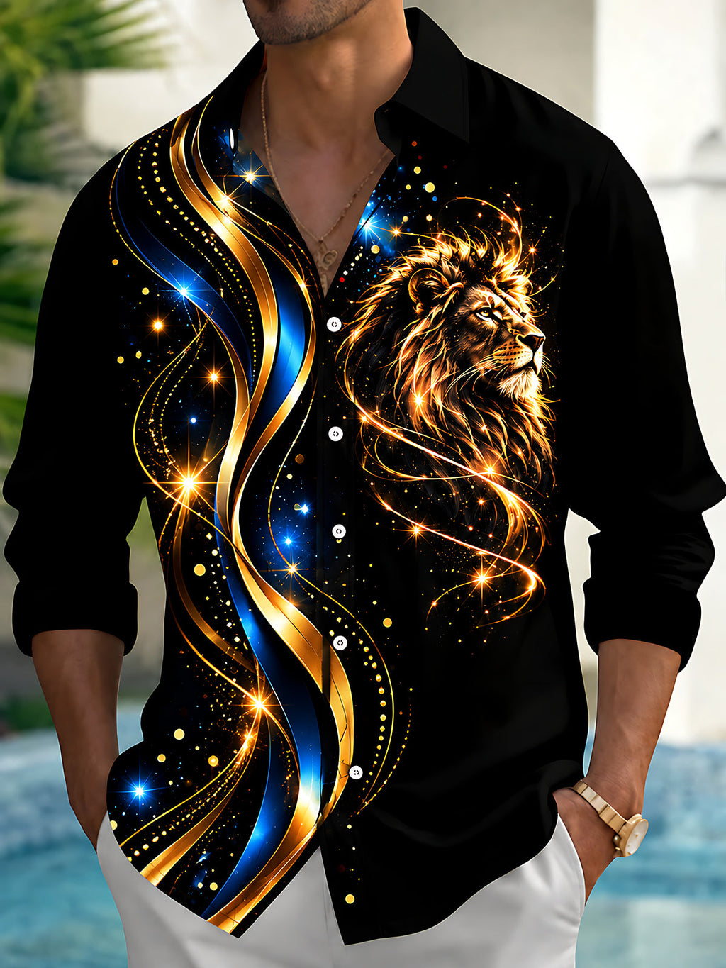 Oceanlyte Men's Graphic Lion Head Print Golden Waves Print Long Sleeve Shirt with Chest Pocket