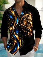 Oceanlyte Men's Graphic Lion Head Print Golden Waves Print Long Sleeve Shirt with Chest Pocket