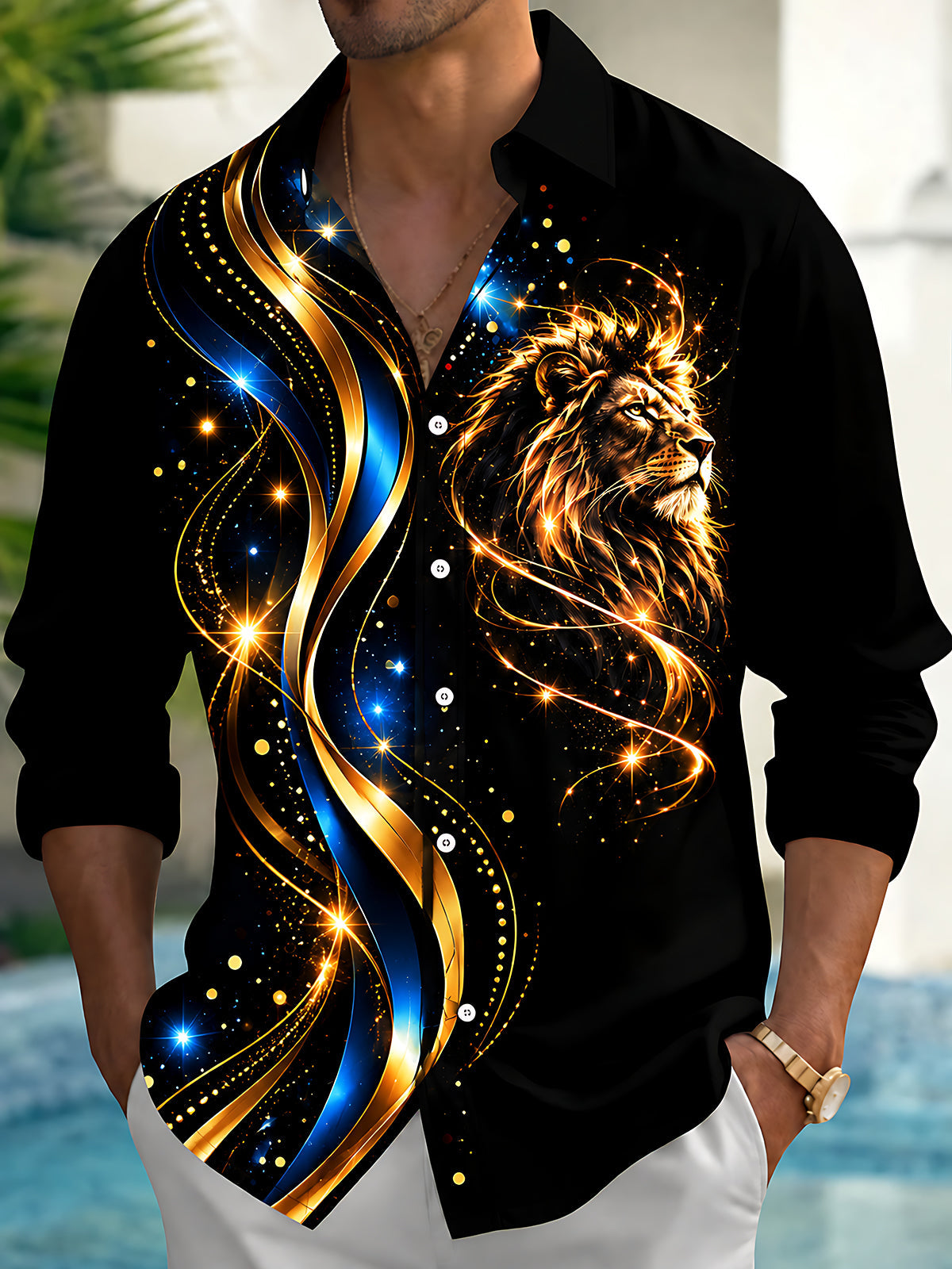 Oceanlyte Men's Graphic Lion Head Print Golden Waves Print Long Sleeve Shirt with Chest Pocket