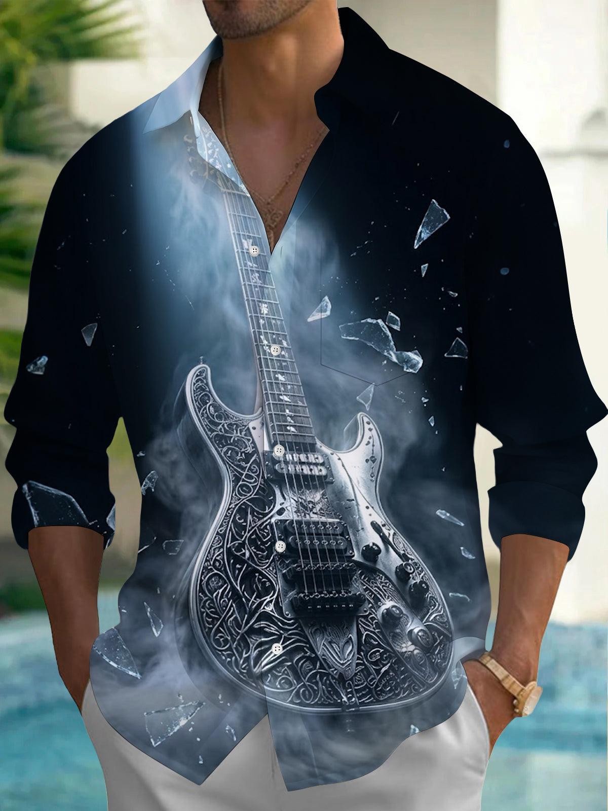Oceanlyte Men's Long Sleeve Shirt - Electric Guitar With Smoke And Shattered Glass Print with Chest Pocket