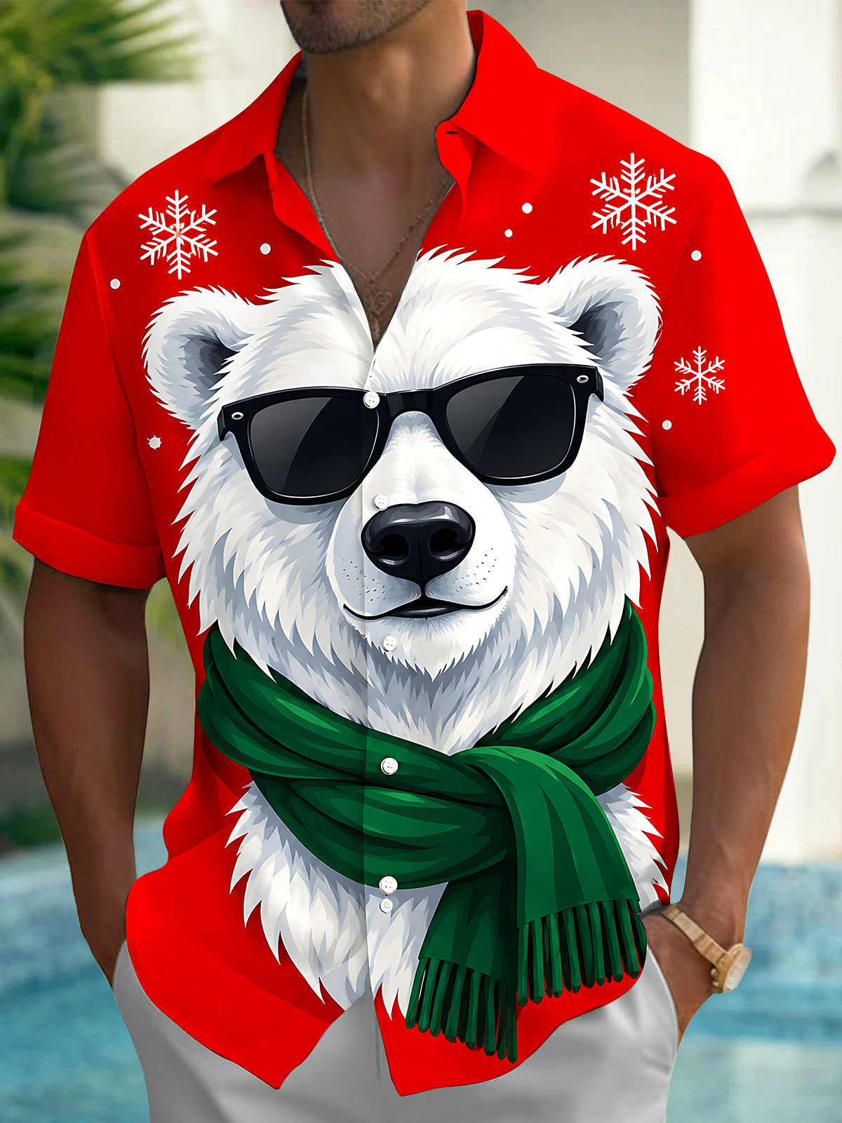 Oceanlyte Men's Short Sleeve Shirt - Christmas Polar Bear With Sunglasses And Green Scarf Print with Chest Pocket