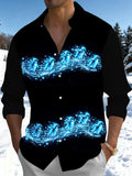 Oceanlyte Men's Long Sleeve Shirt - Glowing Blue Penguins On Musical Staff With Snowflakes Print with Chest Pocket
