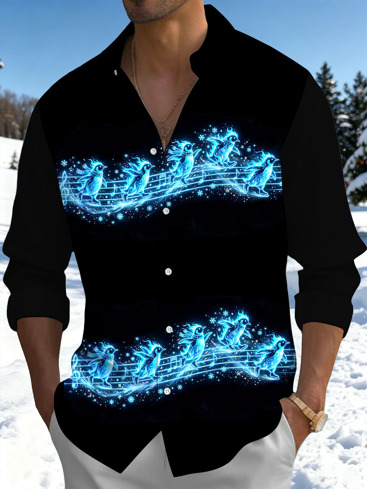 Oceanlyte Men's Long Sleeve Shirt - Glowing Blue Penguins On Musical Staff With Snowflakes Print with Chest Pocket