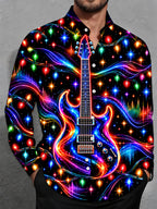 Oceanlyte Men's Long Sleeve Shirt - Neon Electric Guitar And Christmas Light Strings Print with Chest Pocket