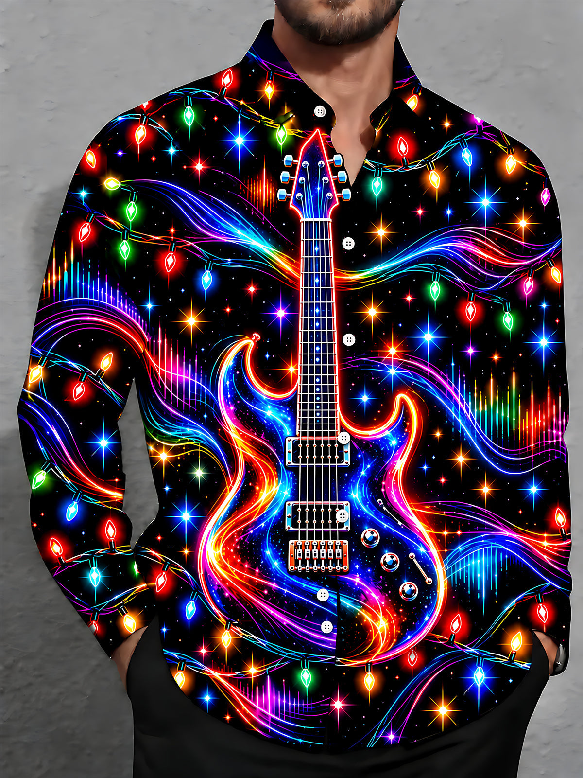 Oceanlyte Men's Long Sleeve Shirt - Neon Electric Guitar And Christmas Light Strings Print with Chest Pocket