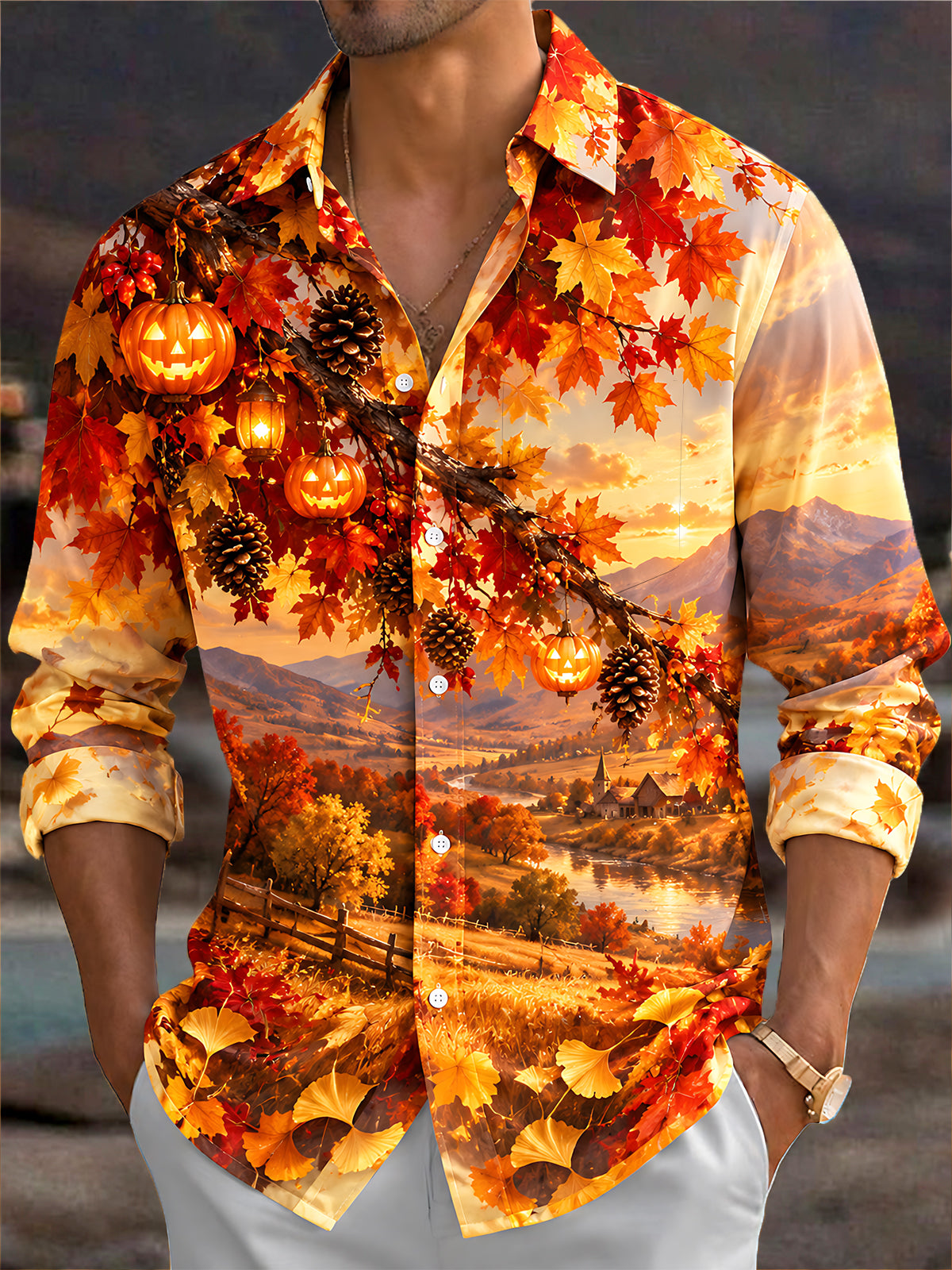 Oceanlyte Men's Long Sleeve Shirt - Halloween Autumn Landscape With Jack-o-lanterns And Pinecones Print with Chest Pocket