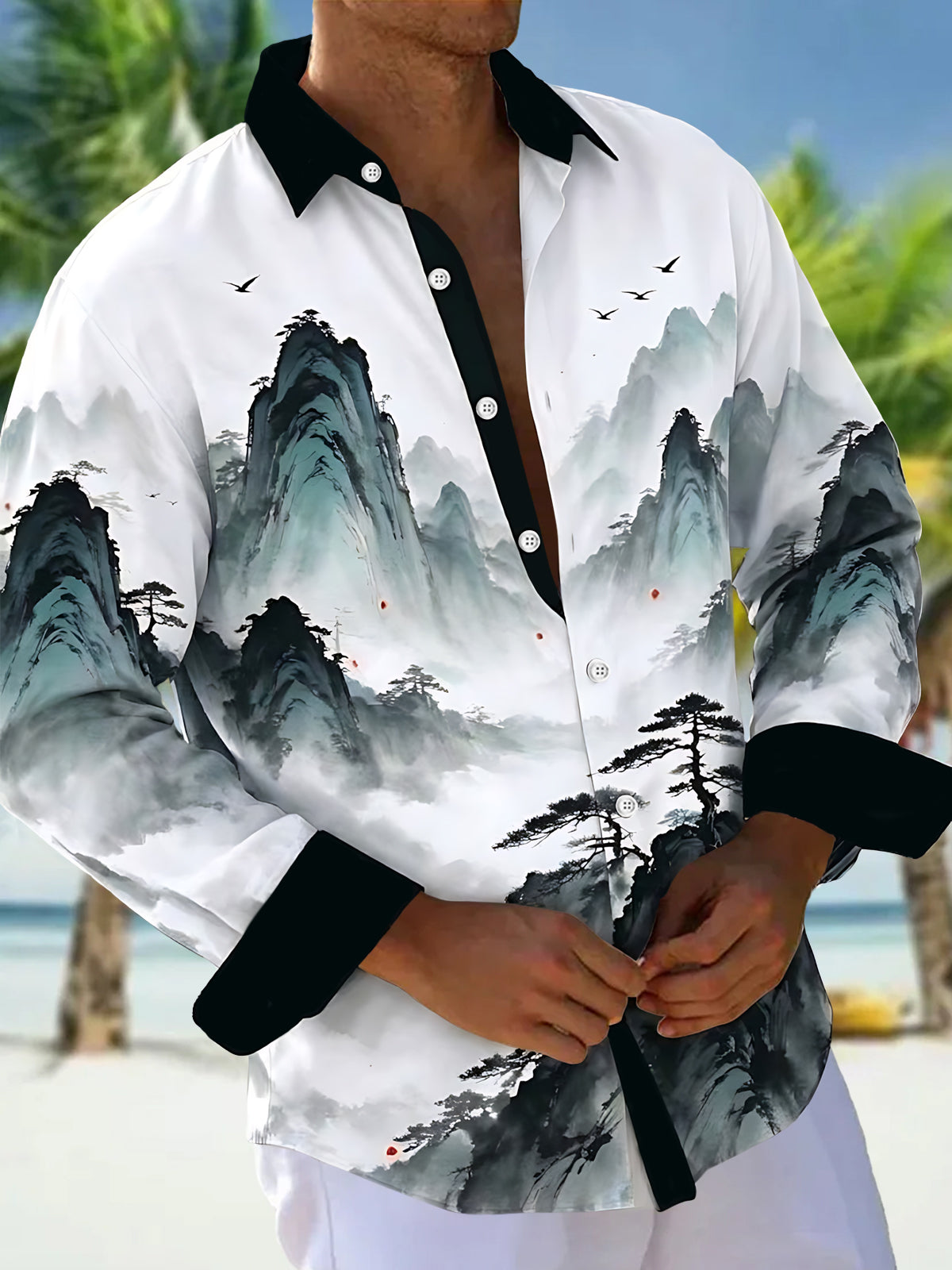 Oceanlyte Men's Long Sleeve Shirt - Chinese Landscape Mountains And Pine Trees Print with Chest Pocket
