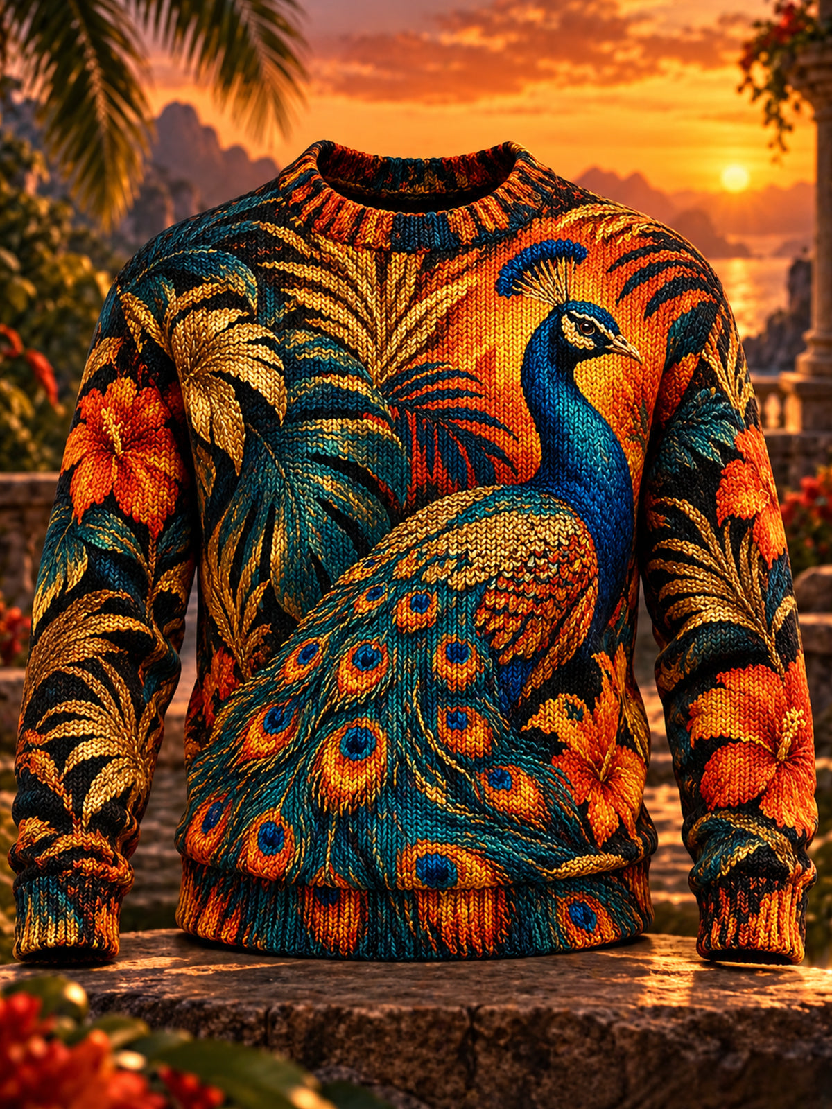 Oceanlyte Men's Peacock And Tropical Flowers Print Long Sleeve Crew Neck Sweater