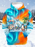 Oceanlyte Men's Graphic Polar Bear And Penguin Surfing Print Long Sleeve Hoodie with Chest Pocket