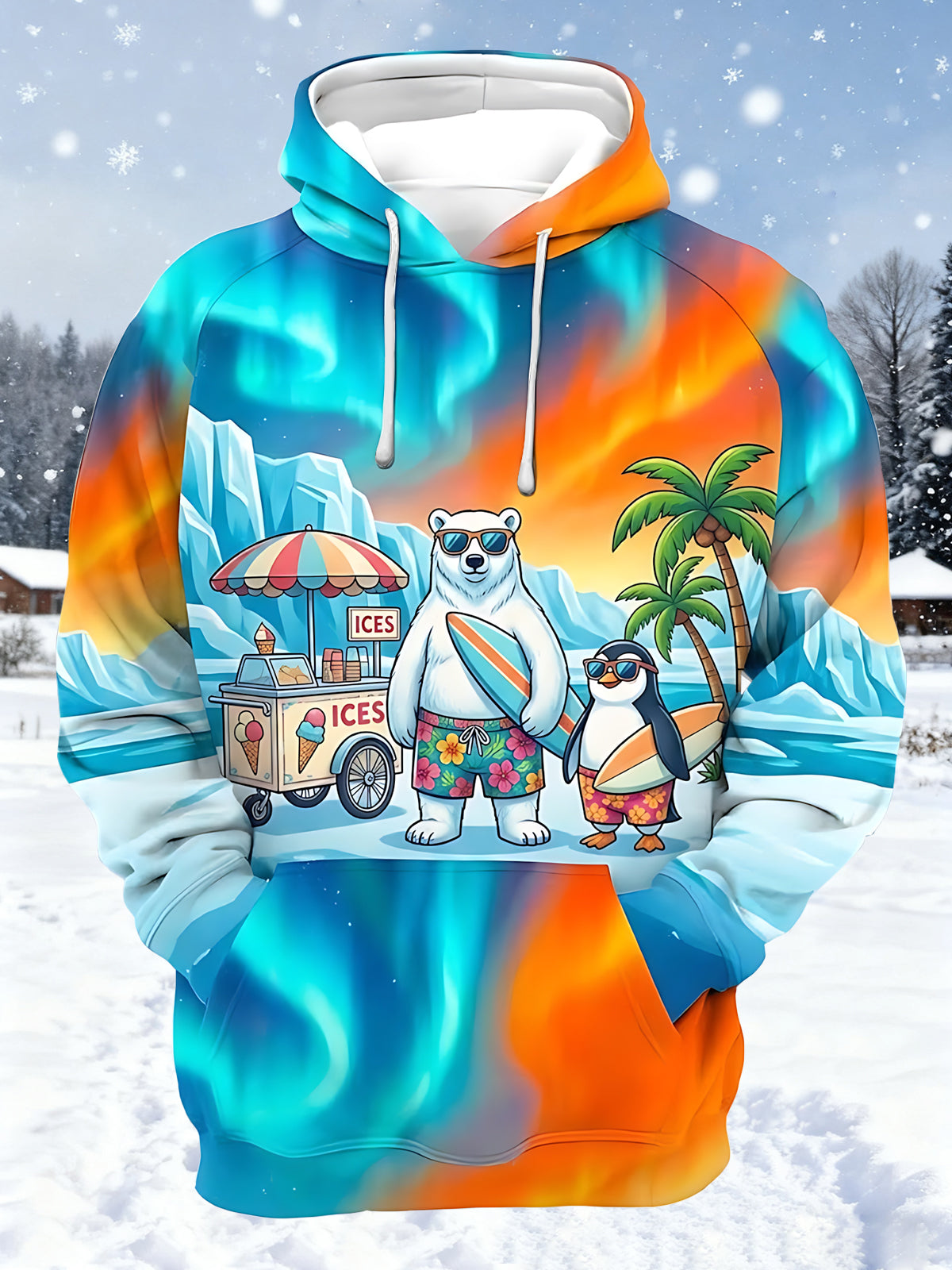 Oceanlyte Men's Graphic Polar Bear And Penguin Surfing Print Long Sleeve Hoodie with Chest Pocket