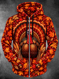 Oceanlyte Men's Long Sleeve Zip-Up Hoodie - Thanksgiving Turkey With Autumn Leaves And Berries Print