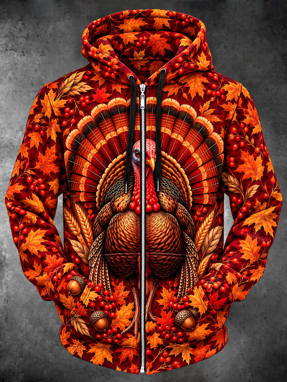 Oceanlyte Men's Long Sleeve Zip-Up Hoodie - Thanksgiving Turkey With Autumn Leaves And Berries Print
