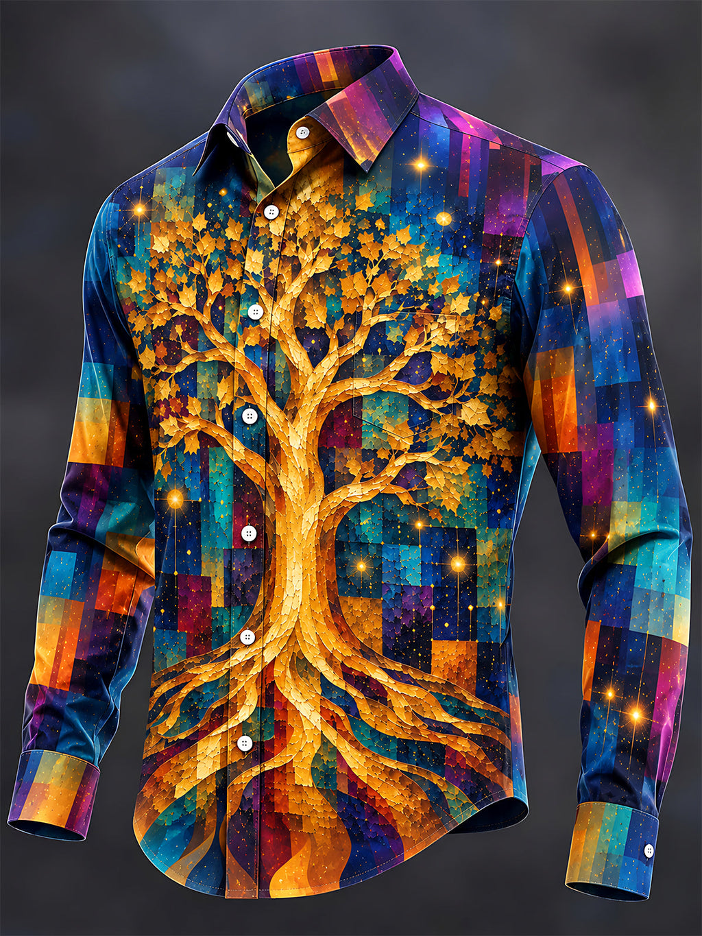 Oceanlyte Men's Long Sleeve Shirt - Golden Tree Of Life With Geometric Background Print with Chest Pocket