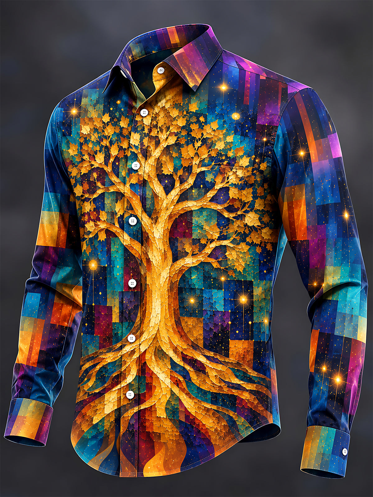 Oceanlyte Men's Long Sleeve Shirt - Golden Tree Of Life With Geometric Background Print with Chest Pocket