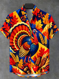 Oceanlyte Men's Short Sleeve Stand Collar Shirt - Thanksgiving Turkey And Harvest Elements Print with Chest Pocket