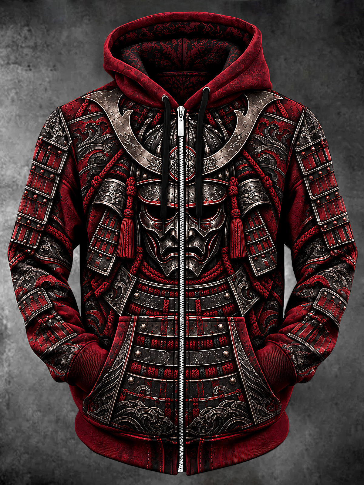 Oceanlyte Men's Graphic Samurai Armor And Mask Print Long Sleeve Zip-Up Hoodie