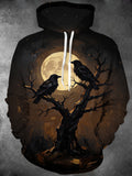 Oceanlyte Men's Crows On Withered Tree Under Full Moon Print Long Sleeve Hoodie