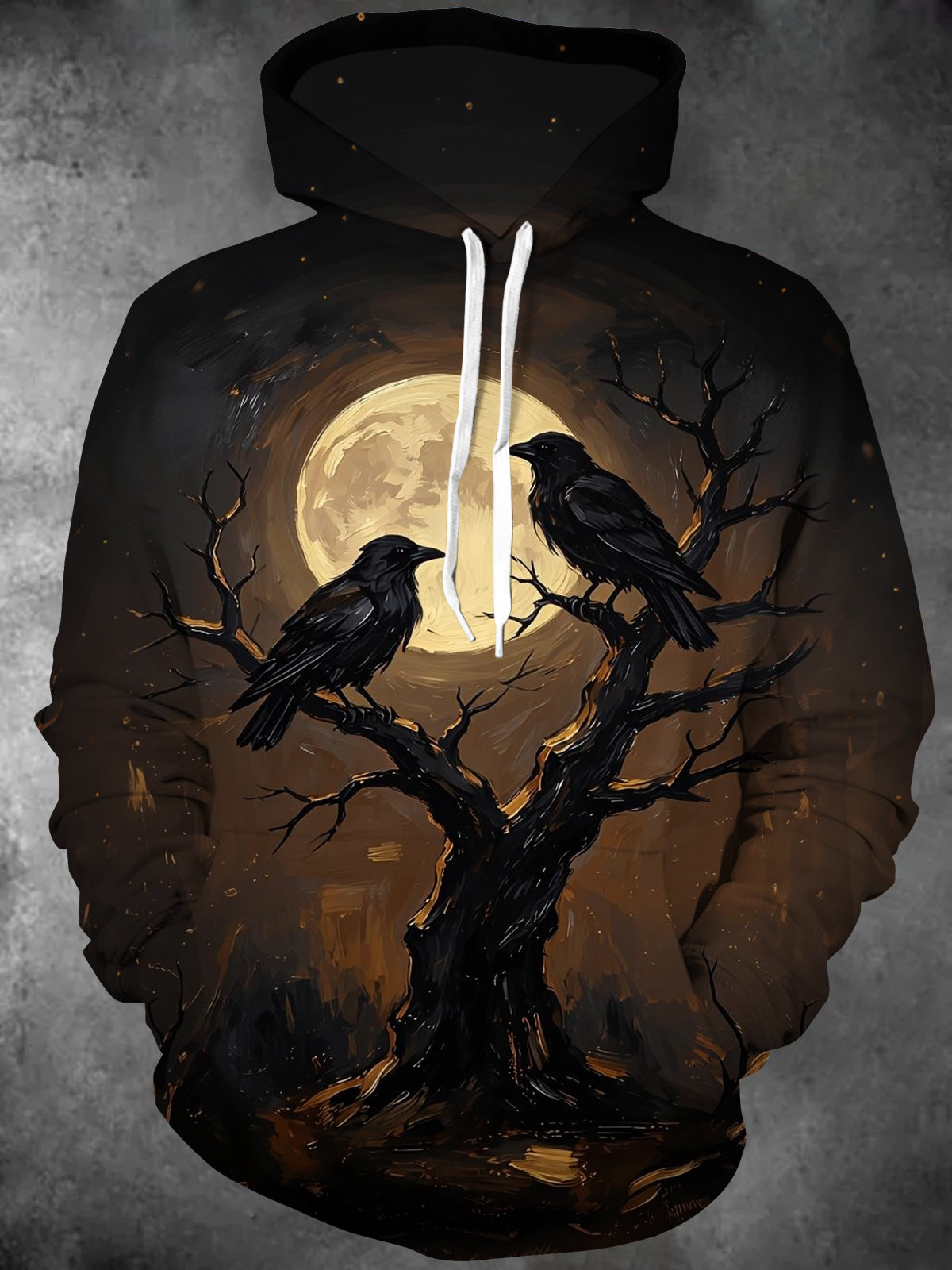 Oceanlyte Men's Crows On Withered Tree Under Full Moon Print Long Sleeve Hoodie