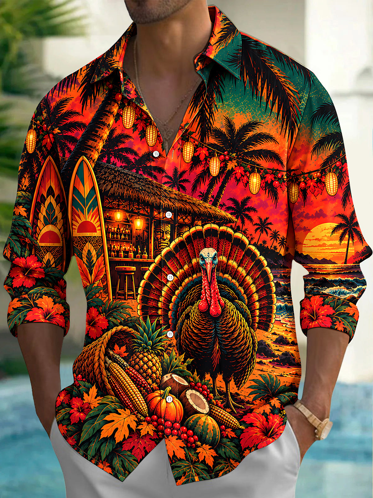 Oceanlyte Men's Thanksgiving Turkey And Harvest Basket Print Long Sleeve Shirt with Chest Pocket