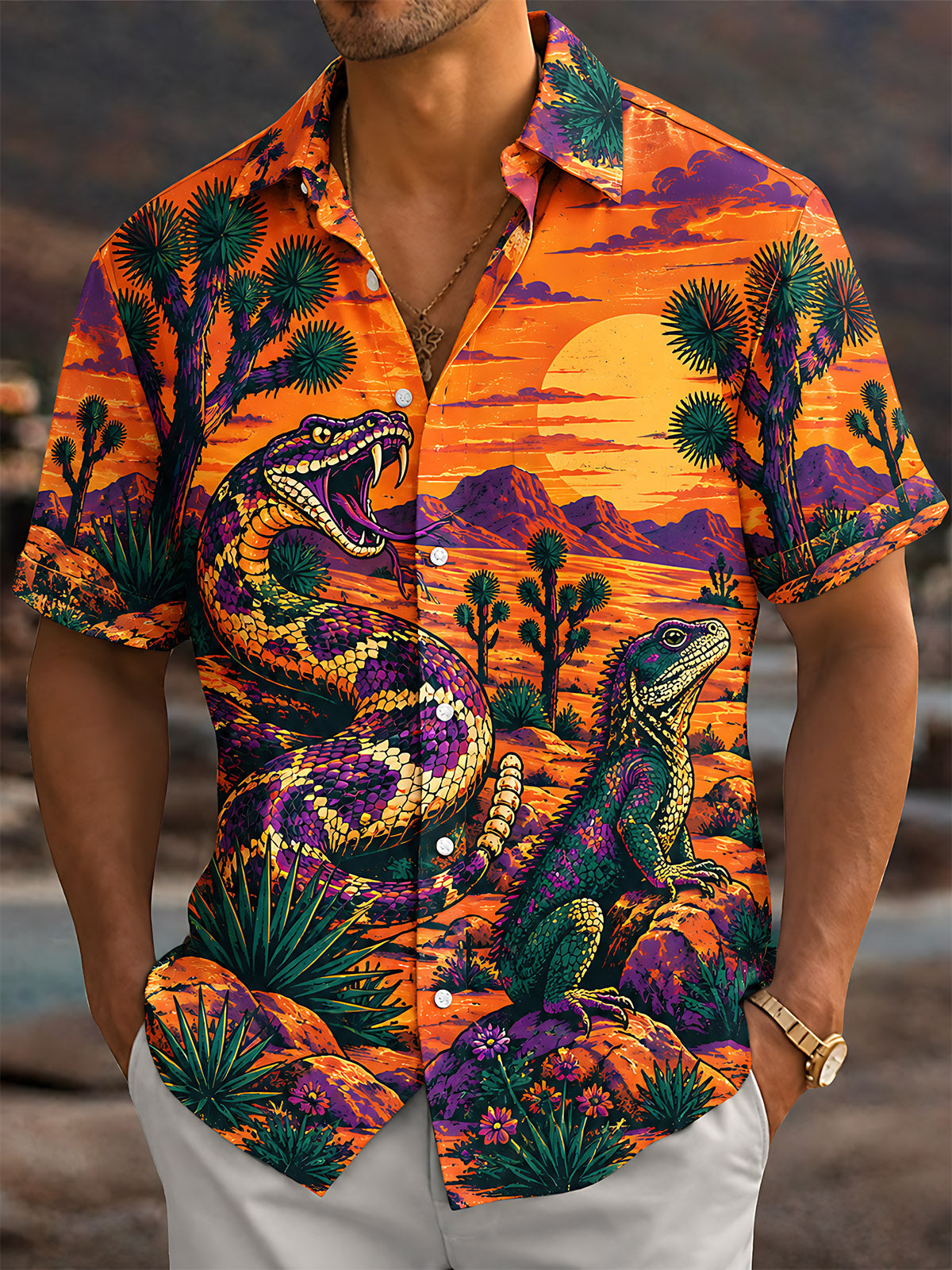 Oceanlyte Men's Short Sleeve Shirt - Desert Snake And Lizard Sunset Landscape Print with Chest Pocket