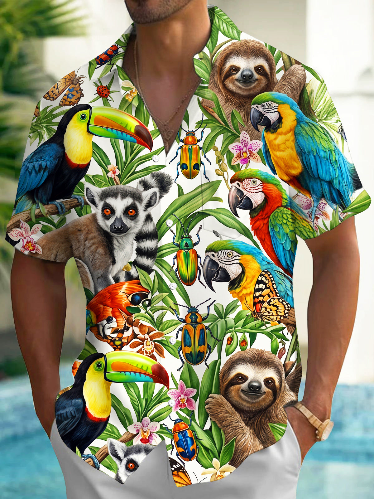 Oceanlyte Men's Rainforest Animals And Tropical Plants Print Short Sleeve Shirt with Chest Pocket