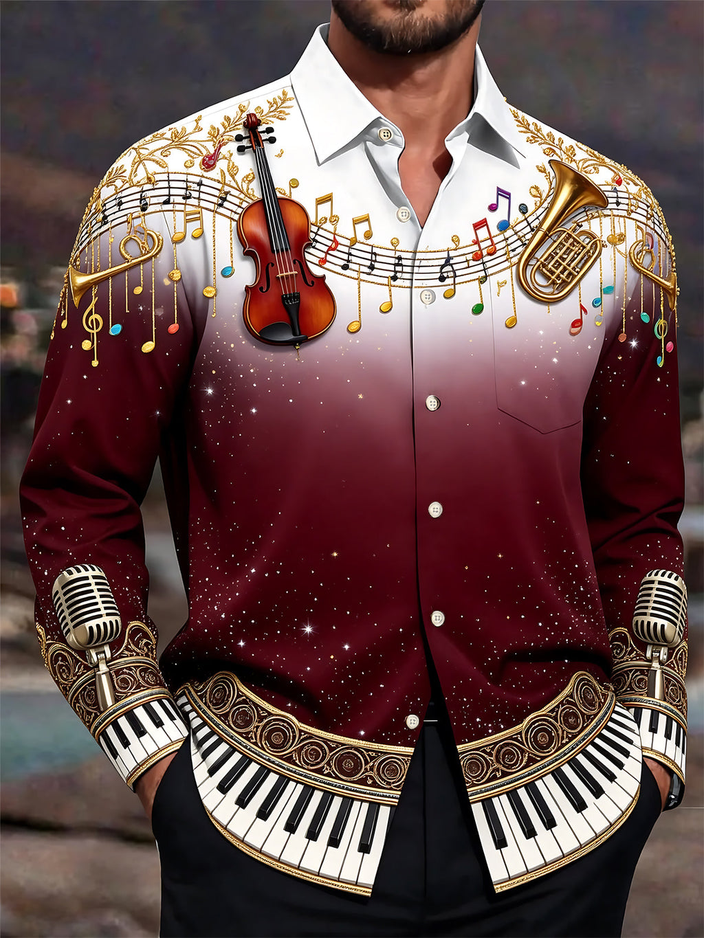 Oceanlyte Men's Graphic Musical Instruments And Notes Print Long Sleeve Shirt with Chest Pocket