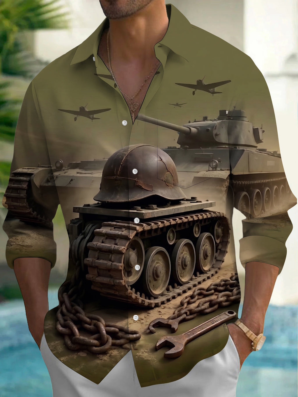 The "Motor Pool Grit" Oceanlyte Men's Long Sleeve Shirt - Military Tanks And Vintage Aircraft Print with Chest Pocket