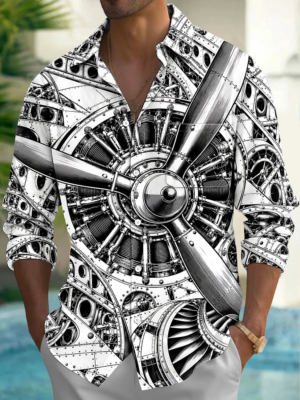 Oceanlyte Men's Graphic Aircraft Engine And Propeller Print Long Sleeve Shirt with Chest Pocket