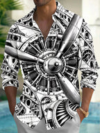 Oceanlyte Men's Graphic Aircraft Engine And Propeller Print Long Sleeve Shirt with Chest Pocket