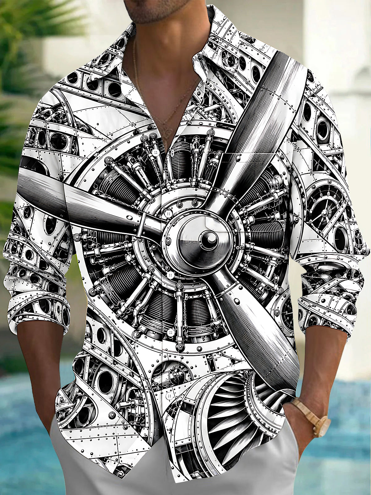Oceanlyte Men's Graphic Aircraft Engine And Propeller Print Long Sleeve Shirt with Chest Pocket