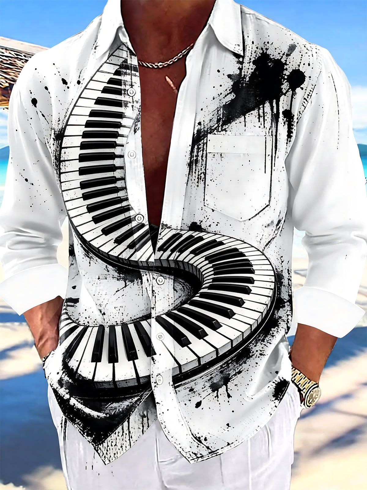 Oceanlyte Men's Spiral Piano Keys With Ink Splatter Print Long Sleeve Shirt with Chest Pocket