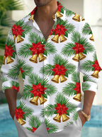 Oceanlyte Men's Hawaiian Christmas Poinsettia And Bells Print Long Sleeve Shirt