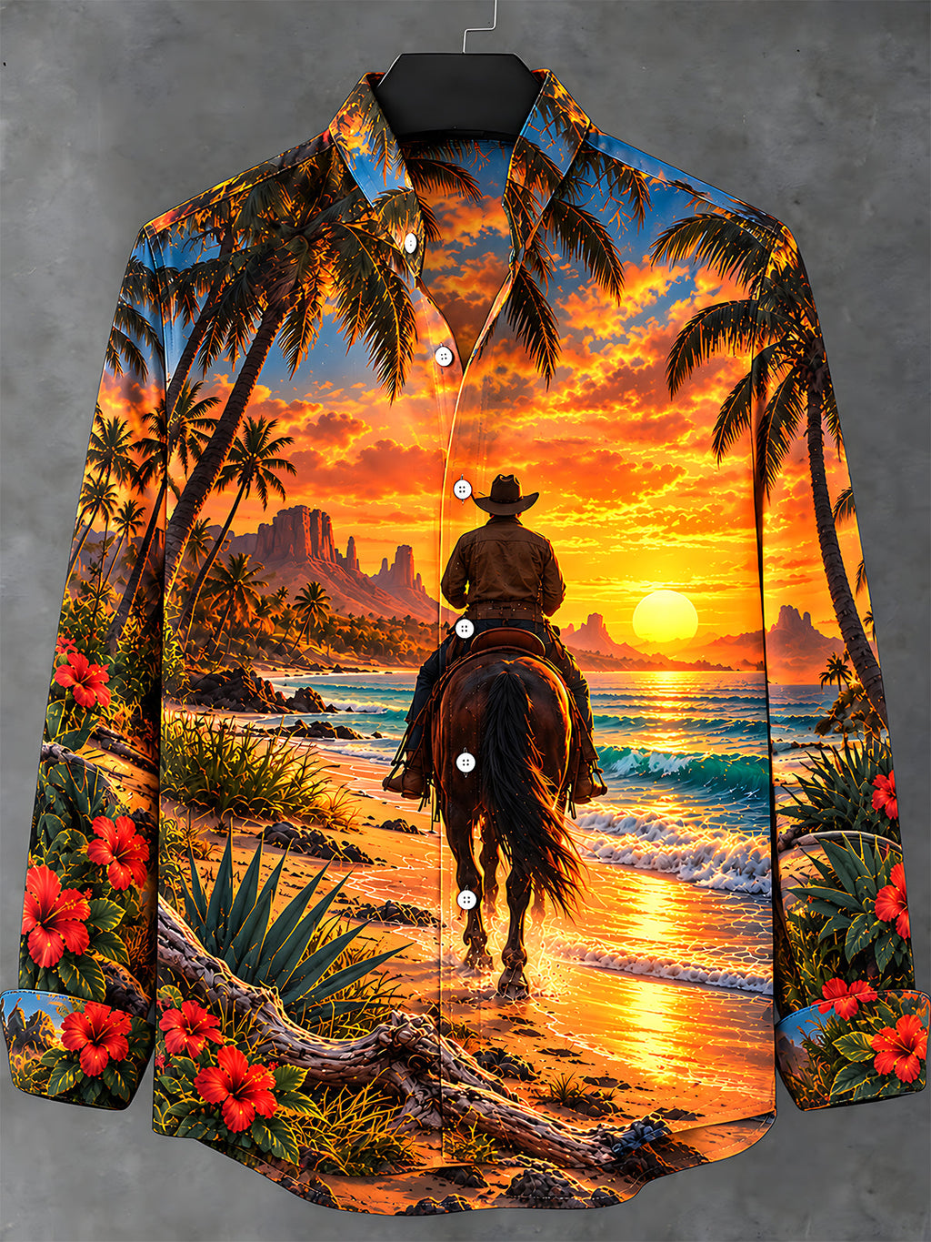 Oceanlyte Men's Long Sleeve Stand Collar Shirt - Cowboy On Horseback At Beach Sunset Print
