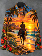 Oceanlyte Men's Long Sleeve Stand Collar Shirt - Cowboy On Horseback At Beach Sunset Print