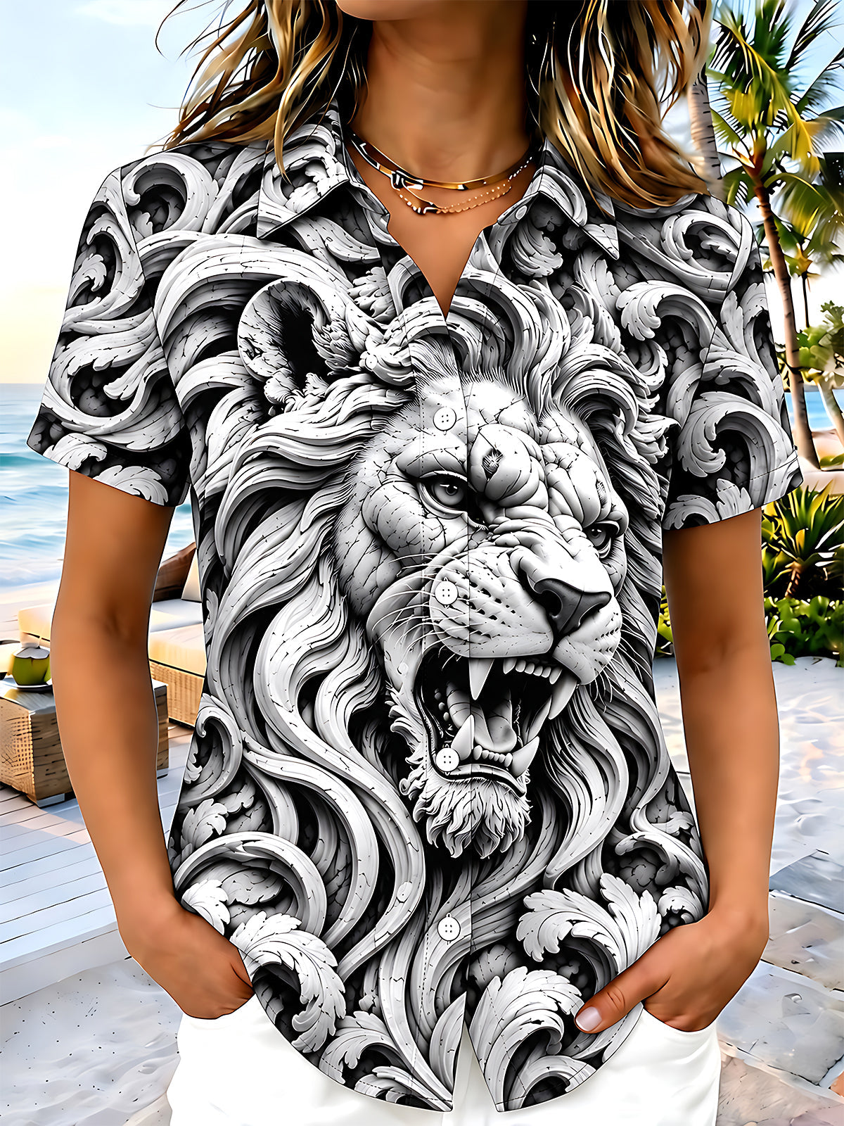 Oceanlyte Women's Lion Head With Baroque Scrollwork Print Short Sleeve Shirt