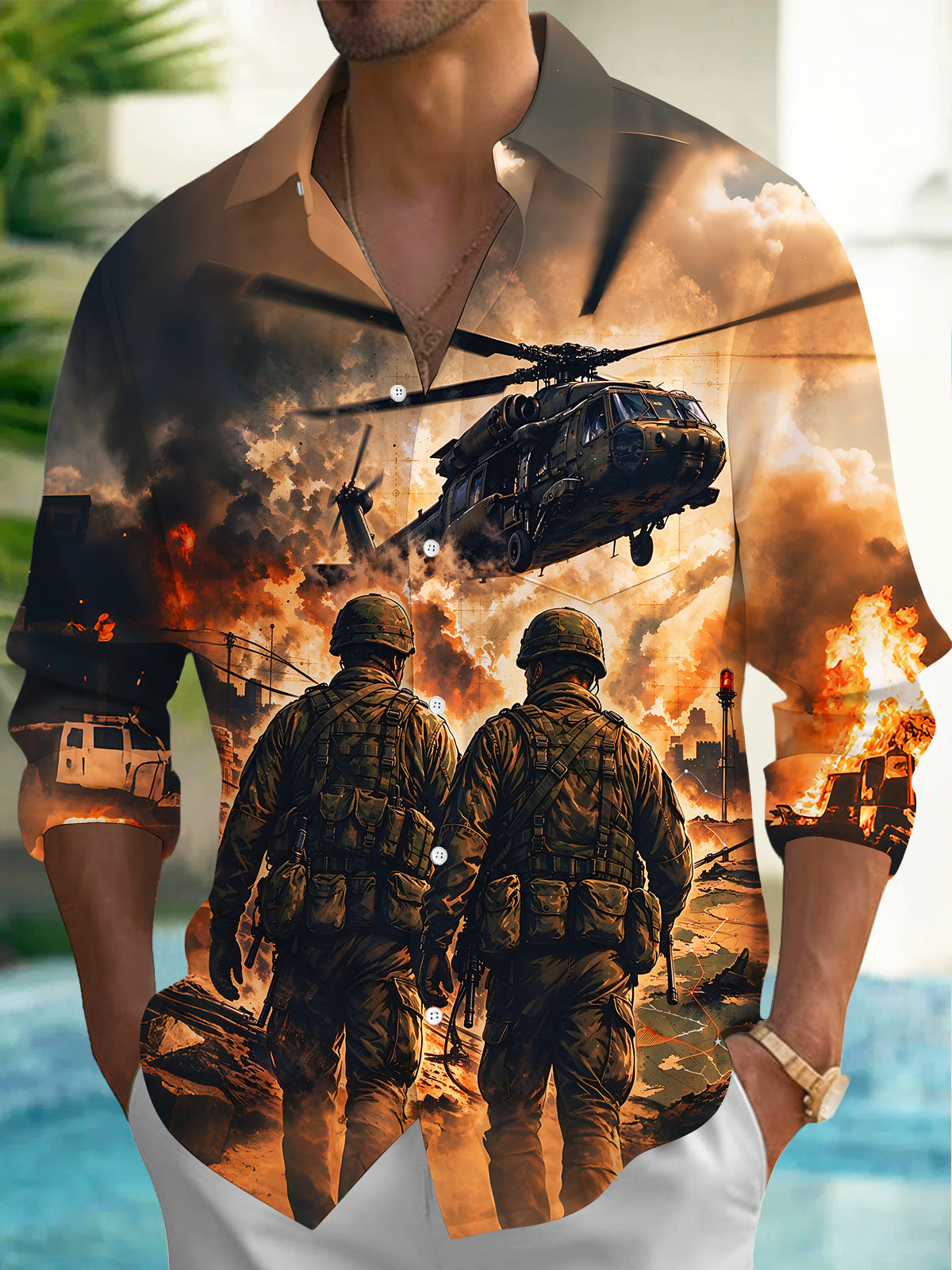 Oceanlyte Men's Long Sleeve Shirt - The "Ground Pounder" Military Soldiers And Helicopter Print with Chest Pocket
